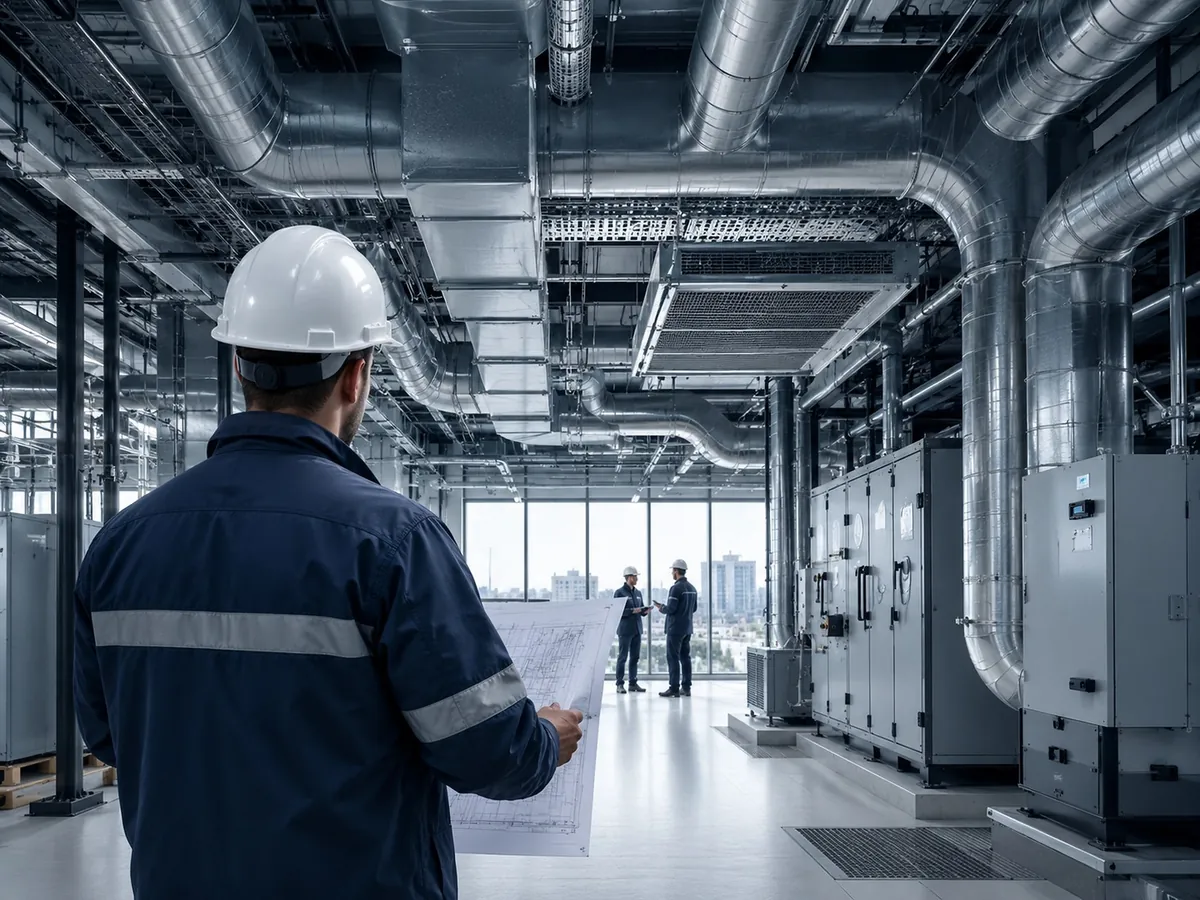 Engenheiro desenvolvendo projeto de climatização HVAC para ambiente empresarial