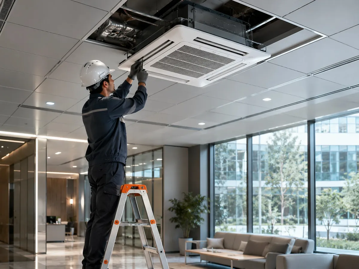 Técnico instalando sistema de climatização em ambiente corporativo