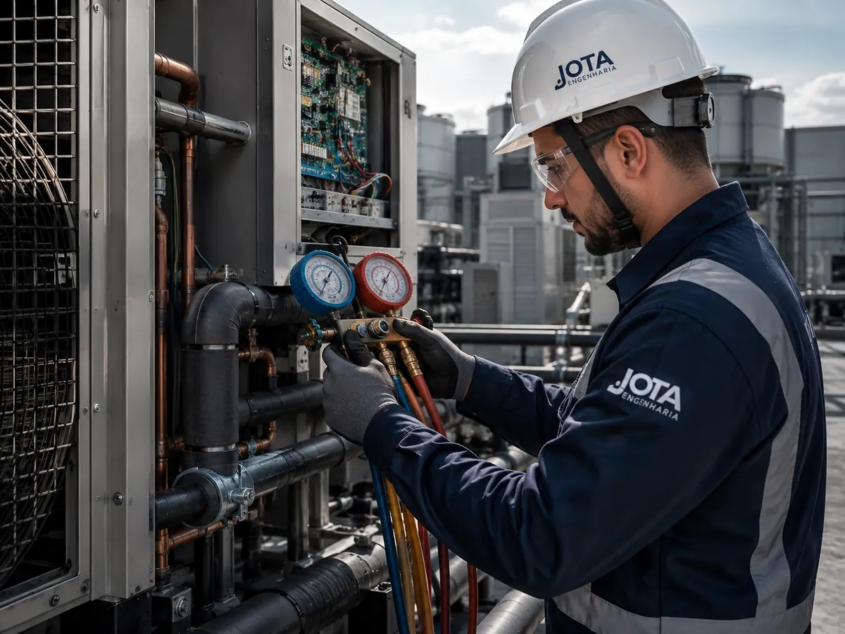 Diagnóstico com manifold durante manutenção corretiva de climatização